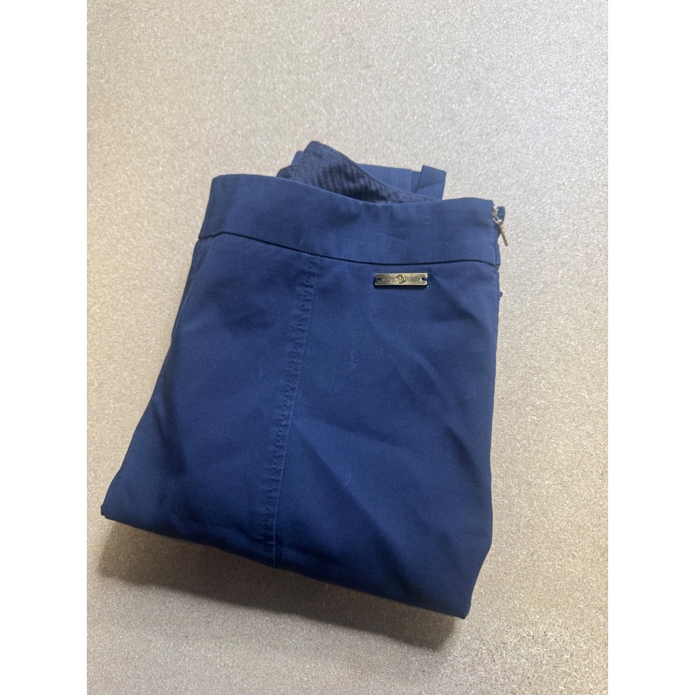 Tory Burch Navy Blue Side Zip Tailored Tapered Dress Pants Gold Logo Size 4